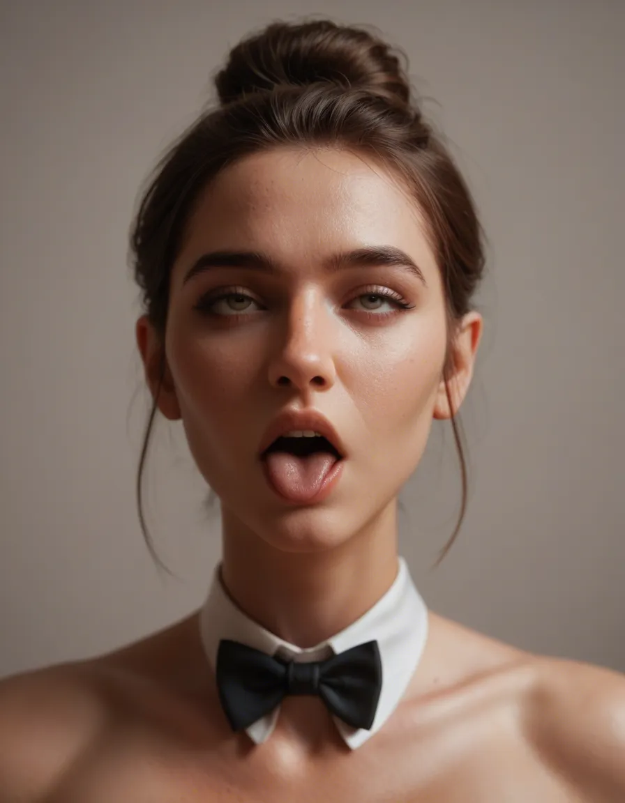 sharp focus, 8k uhd, 1other, hair bun, bowtie, ahegao, lifelike render, score_9, score_8, candid photo, realistic skin texture, visible skin pores, film grain, depth of field