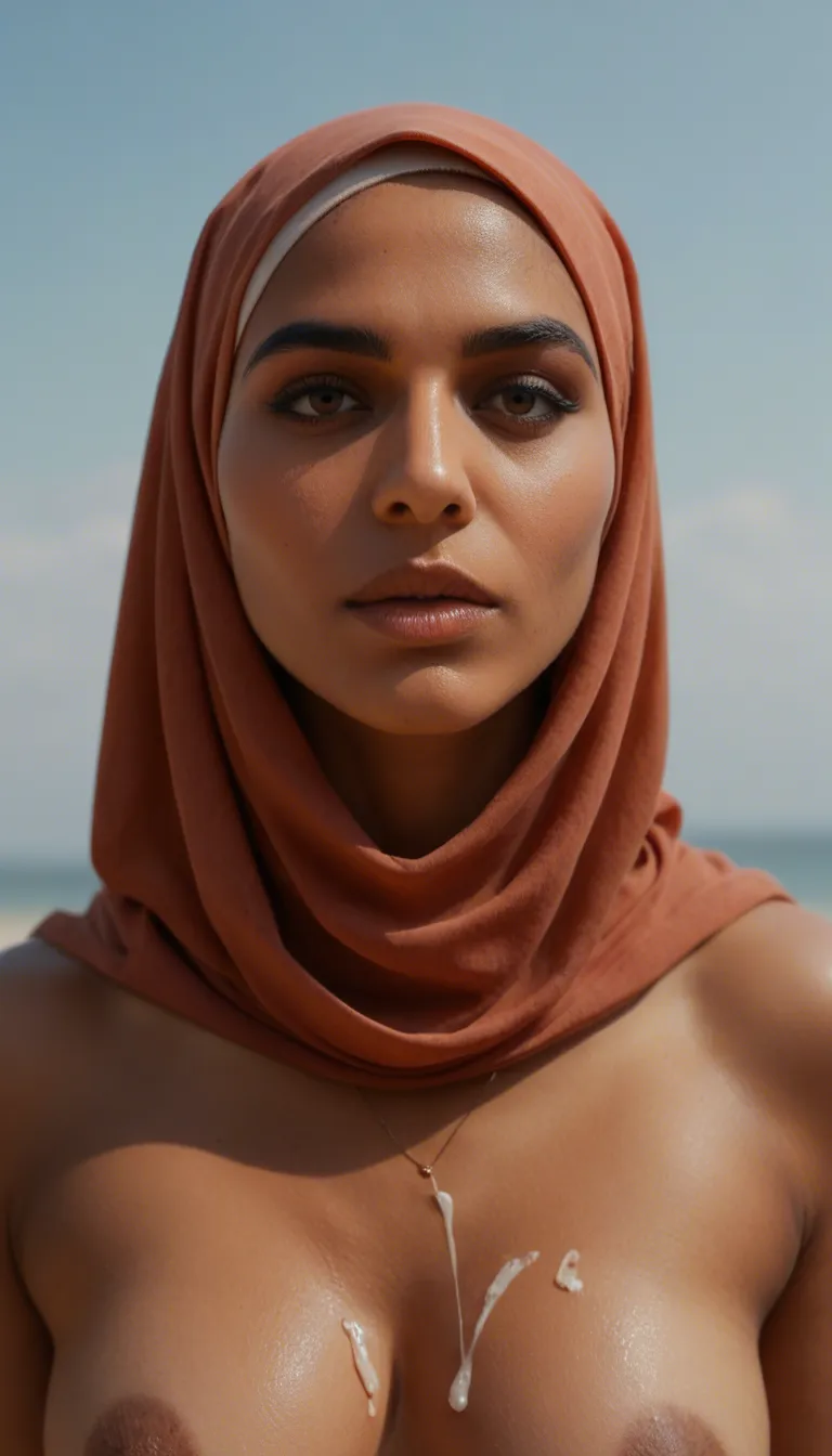 studio quality, sharp focus, solo  red hijab indonesian female, bow, hair flip, cumshot, blue sky, three-quarter view, warm tones, lifelike render