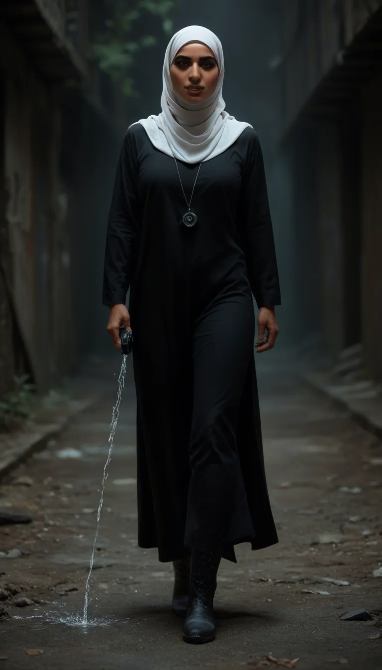 best quality, hyperrealistic, hijab woman, bright skin, boots, walking toward camera, squirting, three-quarter view, studio lighting, cinematic realism