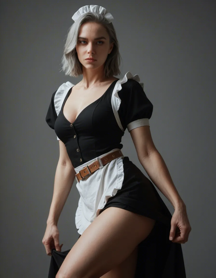 dslr, film grain, photorealistic, maid, grey hair, belt, leg up, score_9, score_8, candid photo, realistic skin texture, visible skin pores, film grain, depth of field
