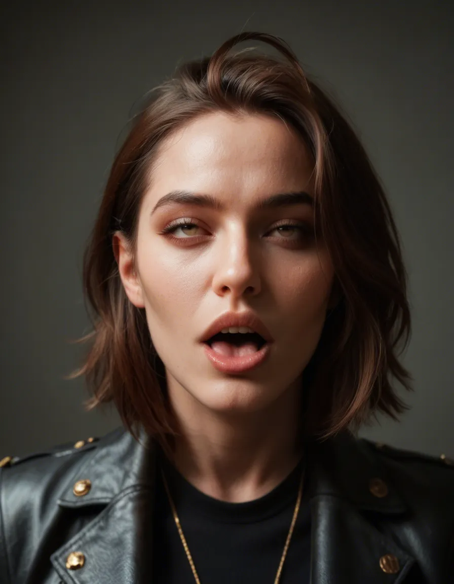 best quality, hyperrealistic, succubus, ahoge, jacket, ahegao, golden hour, film photography, score_9, score_8, candid photo, realistic skin texture, visible skin pores, film grain, depth of field