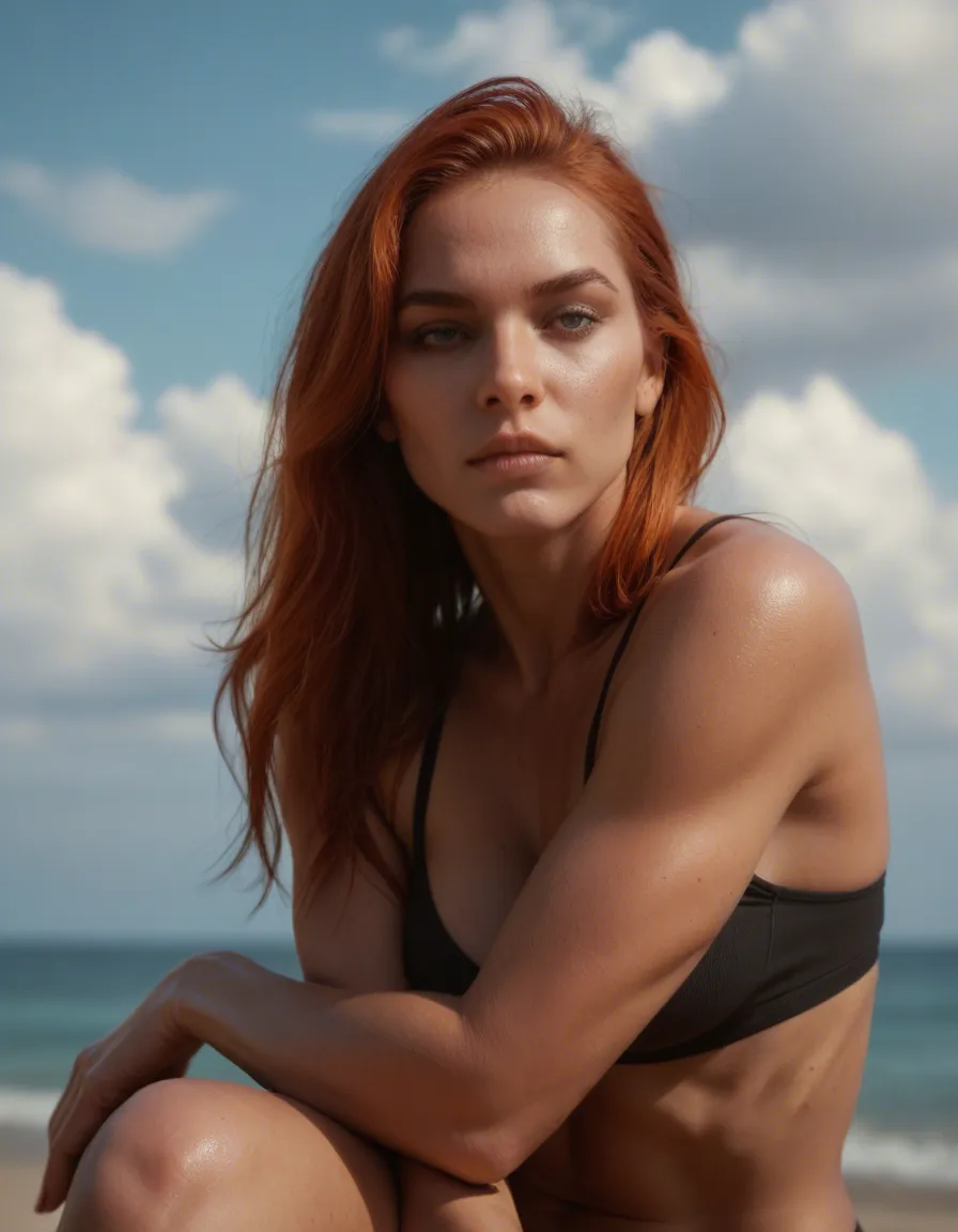 8k, sharp focus, detailed skin, redhead woman, toned body, tail, crossed legs, futanari, cloudy sky, photorealistic, score_9, score_8, candid photo, realistic skin texture, visible skin pores, film grain, depth of field