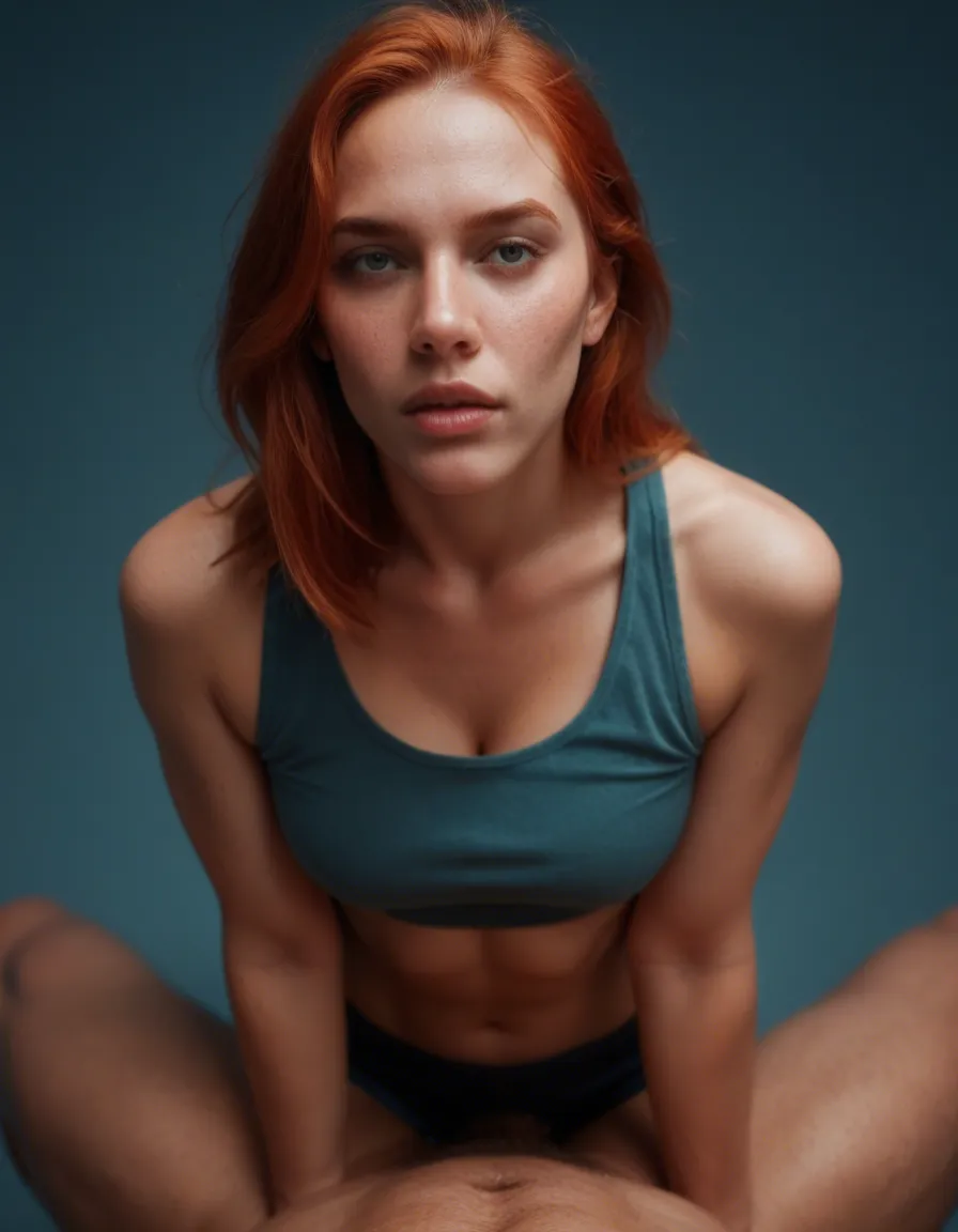 ultra HD, lifelike, from above, redhead woman, doggy style, midriff, blue background, hyperrealistic, score_9, score_8, candid photo, realistic skin texture, visible skin pores, film grain, depth of field