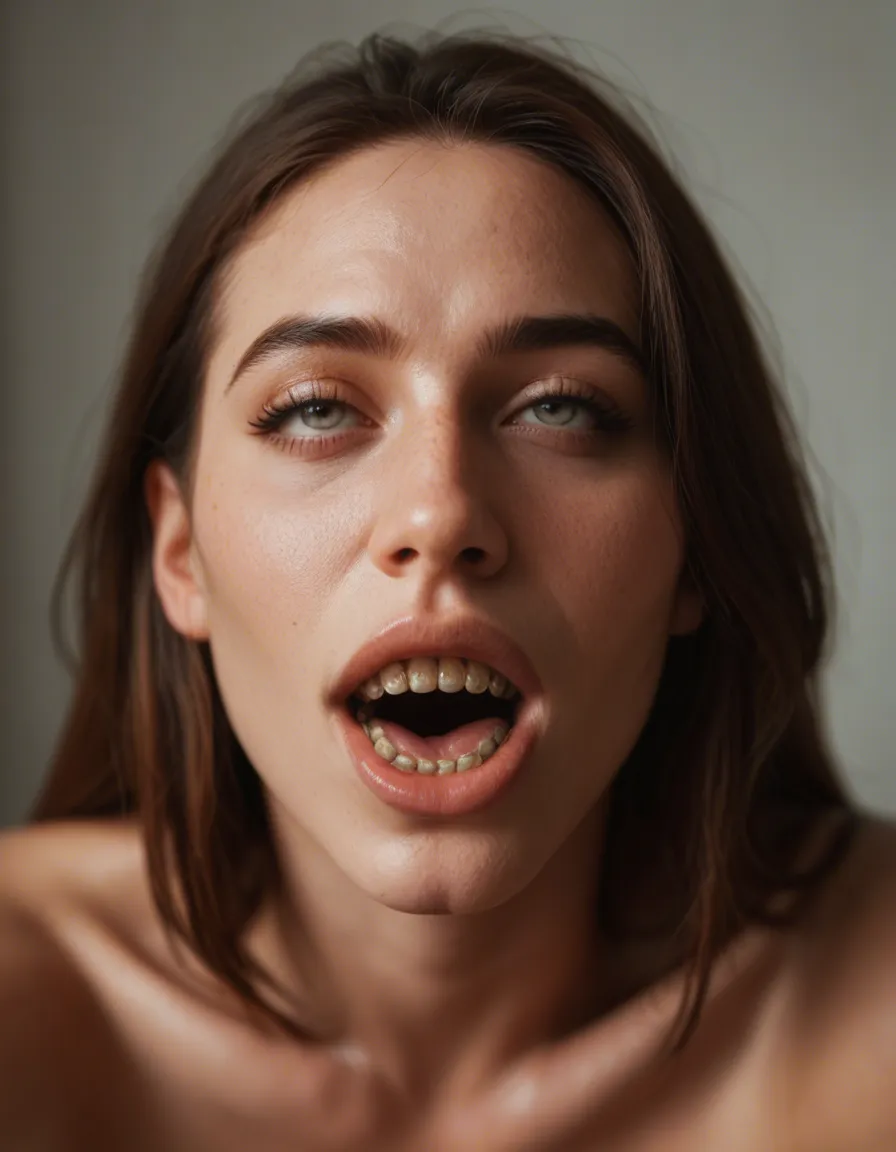 ahegao, braces on teeth, score_9, score_8, candid photo, realistic skin texture, visible skin pores, film grain, depth of field