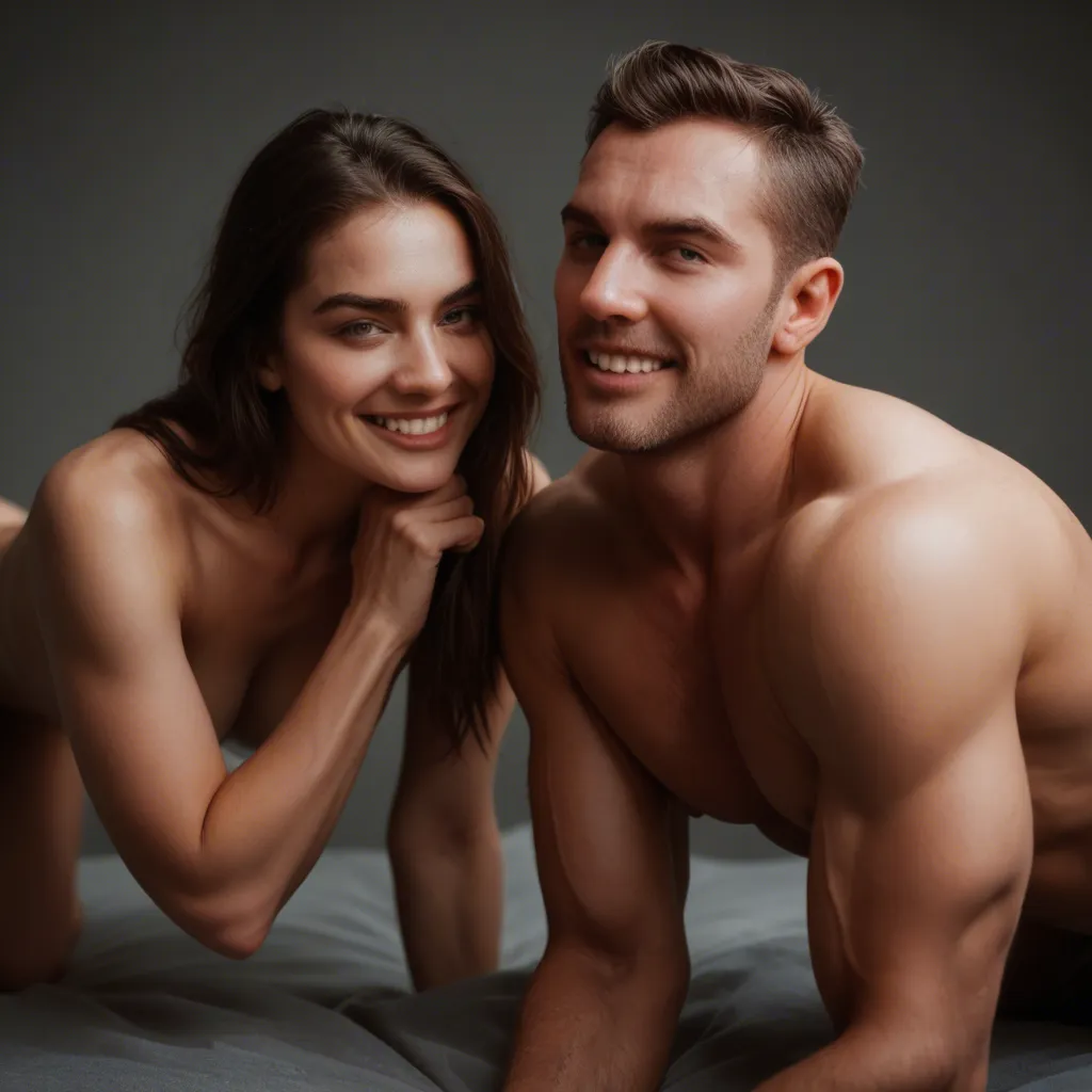 best quality, hyperrealistic, side view, couple, on all fours, muscular male, teasing grin, dslr quality