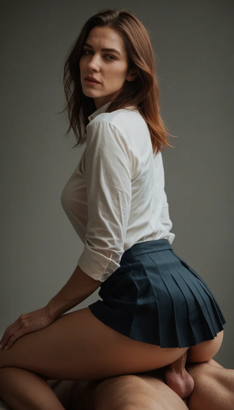 dslr, film grain, photorealistic, mature female, pleated skirt, doggy style, cinematic realism