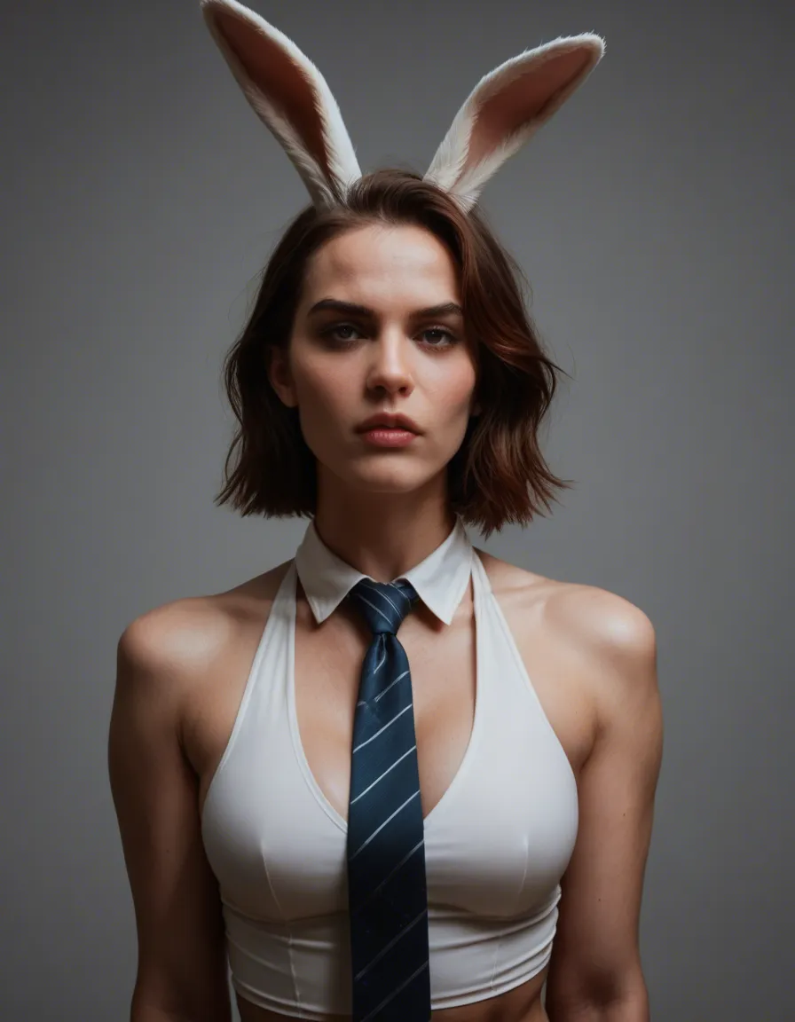 dslr, film grain, photorealistic, bunny woman, skindentation, necktie, bondage, rim light, hyperrealistic, score_9, score_8, candid photo, realistic skin texture, visible skin pores, film grain, depth of field