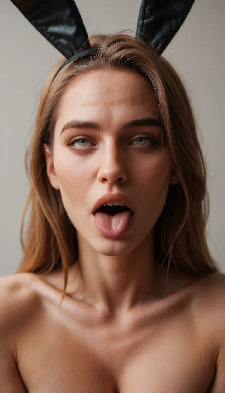 ultra HD, lifelike, extreme close-up, bunny woman, ahegao, fake animal ears, simple background, mysterious vibe, lifelike full_body