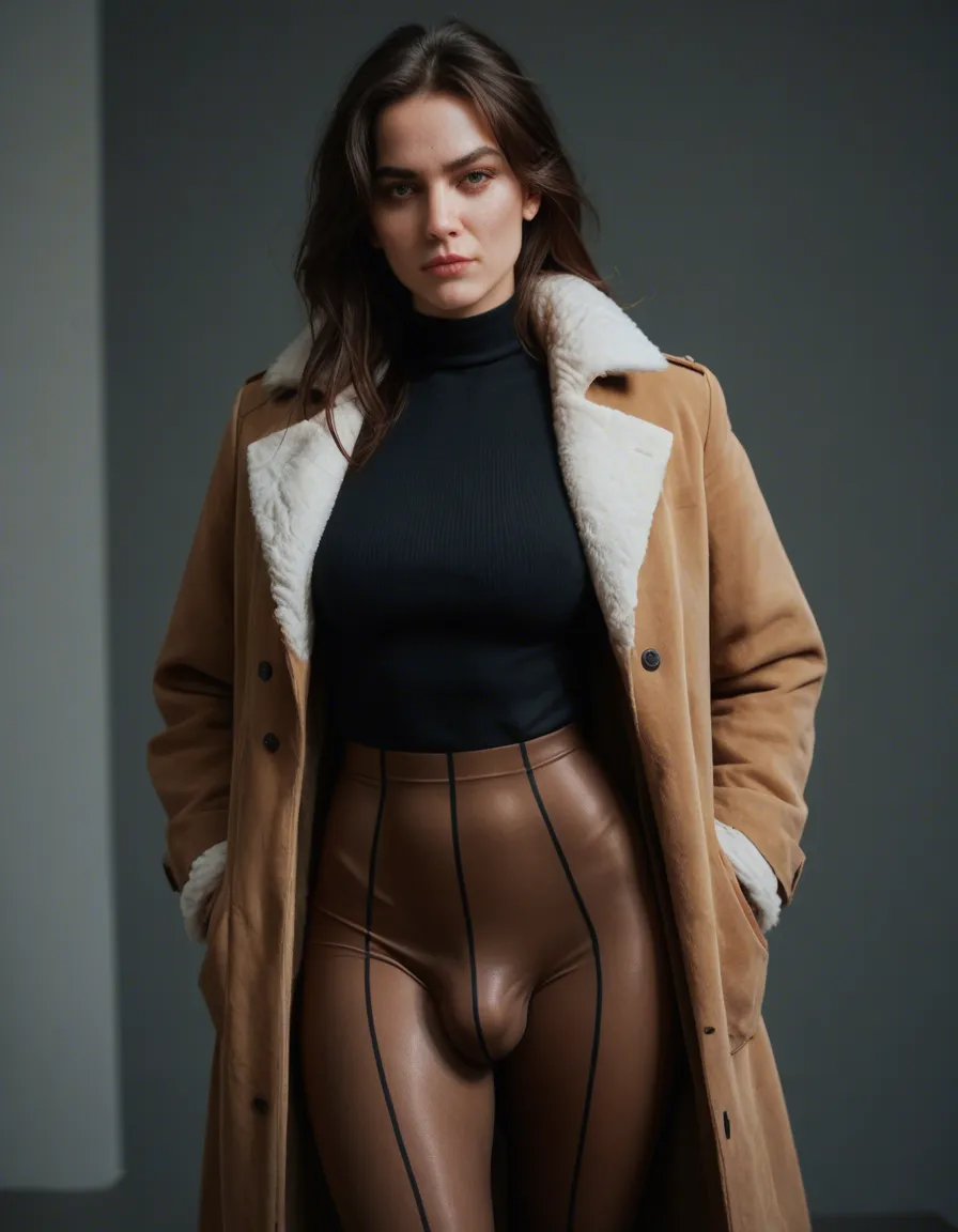 professional photo, futanari , fur-trimmed_coat, leggings, bulge, black_hair, score_9, score_8, candid photo, realistic skin texture, visible skin pores, film grain, depth of field