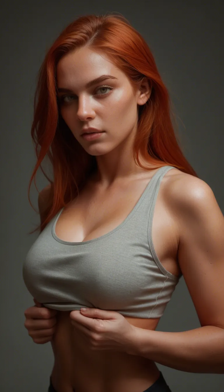 studio quality, sharp focus, wide shot, redhead woman, paizuri, midriff, gradient background, natural skin texture