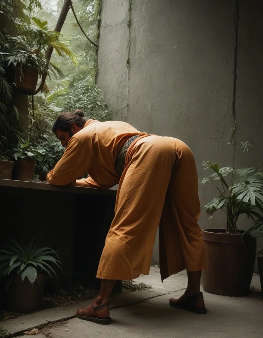 cinematic photo, 8k, from below, princess, bent over, brown footwear, plant, studio photo,Indian,man,sex, traditional clothes., score_9, score_8, candid photo, realistic skin texture, visible skin pores, film grain, depth of field