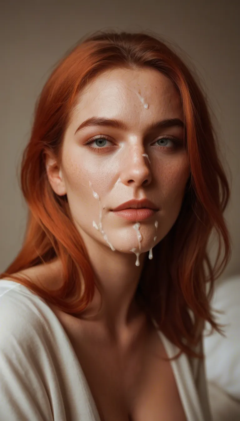 ultra HD, lifelike, cowboy shot, redhead woman, cum on face, hourglass figure, on bed, cinematic realism