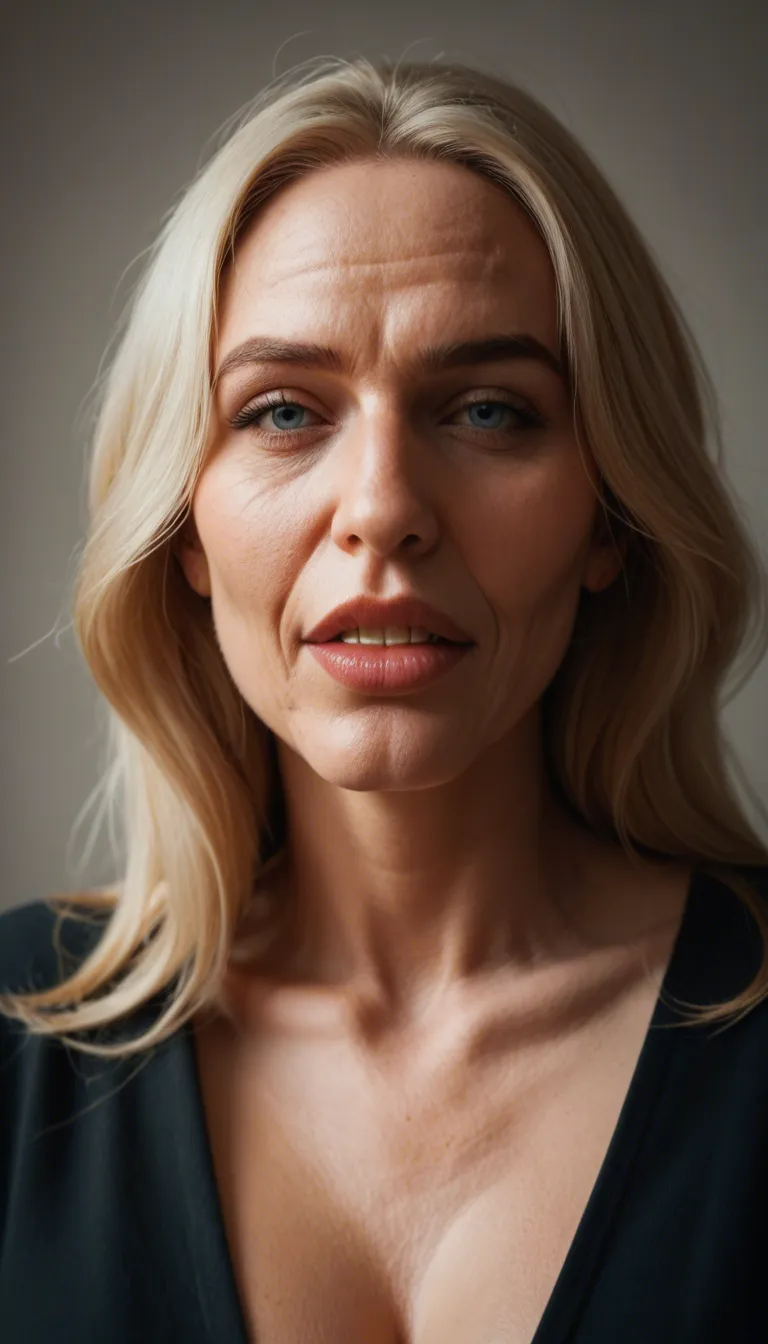 an older retired thick-bodied blonde MILF with a long full face, big nose, big teeth, full lips, blue eyes, big natural sagging saggy motherly-looking stretch-marked tits with ENORMOUS oversized areolae and huge thick hard nipples is laughing and saying "Mr. Smith." seductively with a text bubble; Las Vegas penthouse at night; full body view
