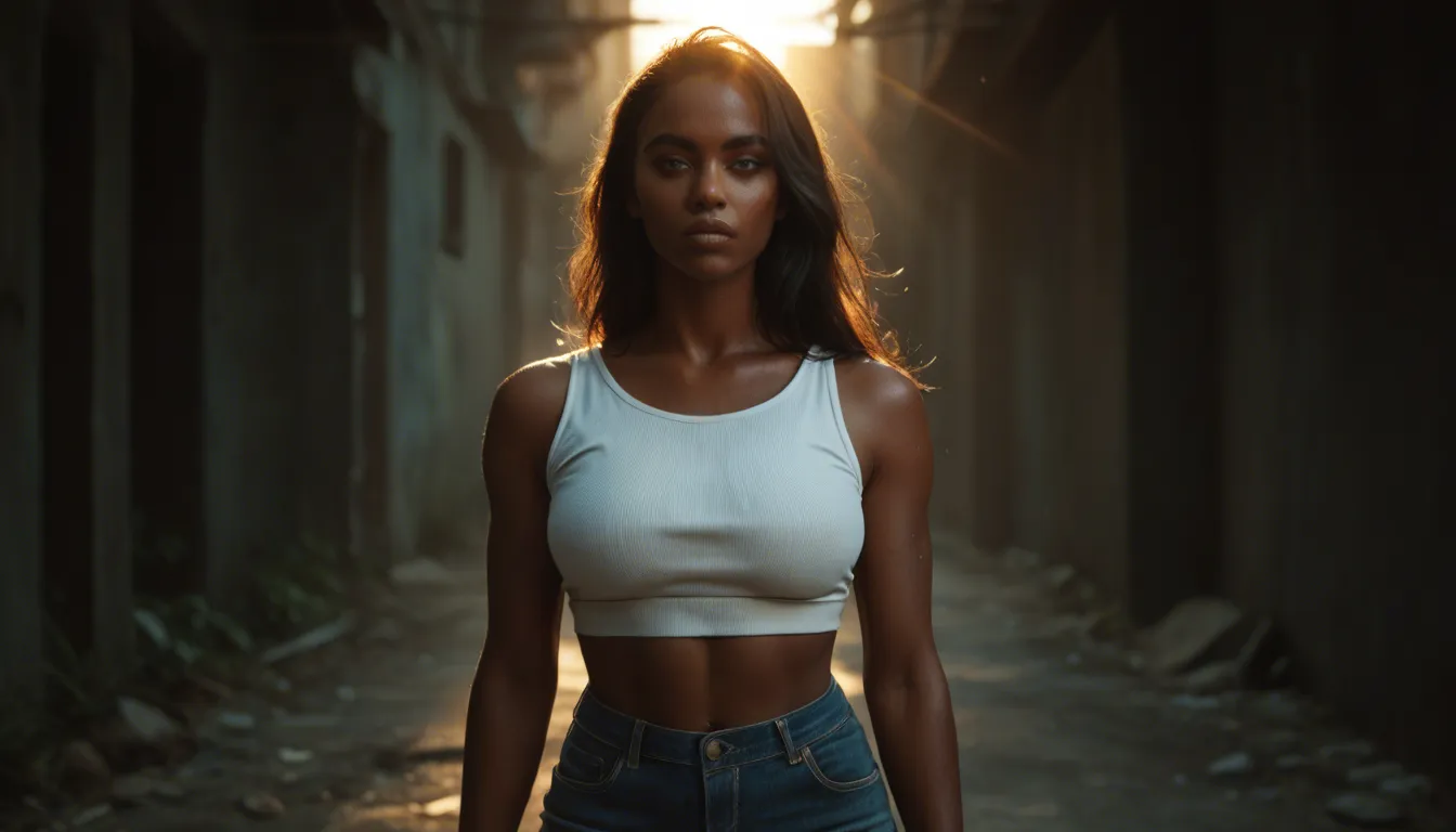 A sun-kissed, curvaceous young woman with smooth tanned skin, wearing a loose white crop top and a flowing denim half skirt. In a sunlit bohemian bedroom with sheer curtains drifting in warm golden light, she slowly peels off each garment, letting them fall to the floor. Now fully nude, she stands facing a handsome young man with tousled hair and an admiring gaze, her legs spread wide open in an invitation. The scene is bathed in honeyed late-afternoon sunlight, with soft shadows dancing on textured walls, a palette of warm terracotta, cream, and deep red, shot in a cinematic 35mm film style with shallow depth of field and intimate, voyeuristic composition.