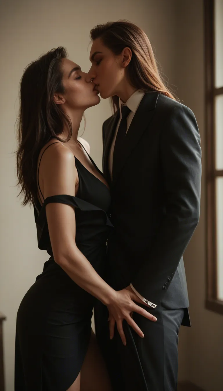 2 girl yuri , @mori_calliope is in a black suit while fingering , kissing and undressing a long_dress from @ninomae_ina'nis in a bedroom