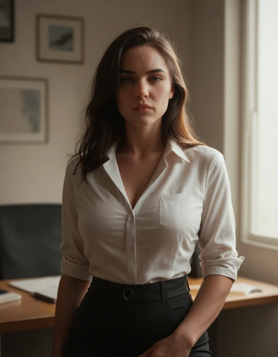 highly detailed, natural lighting, brunette woman, parted bangs, office wear, futanari, rim light, dslr quality, score_9, score_8, candid photo, realistic skin texture, visible skin pores, film grain, depth of field