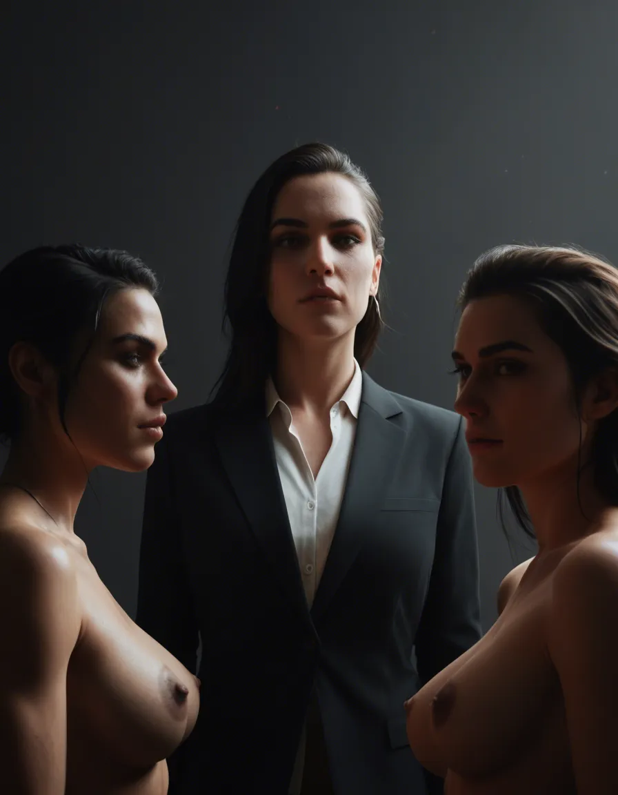 photorealistic CGI, 8k, 4women, futanari, backlit, game cinematic, score_9, score_8, 3d render, octane render, subsurface scattering, ray tracing, smooth shading