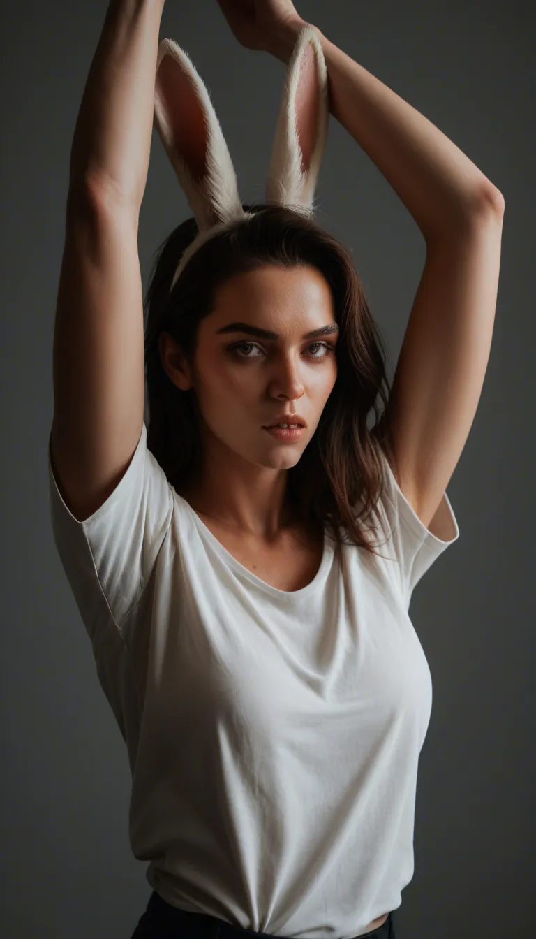 studio quality, sharp focus, bunny girl, arms up, shirt, blowjob, three-quarter view, lifelike render
