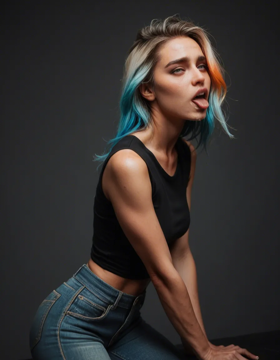 8k, sharp focus, detailed skin, solo female, multicolored hair, pants, ahegao, 8k uhd photo, score_9, score_8, candid photo, realistic skin texture, visible skin pores, film grain, depth of field