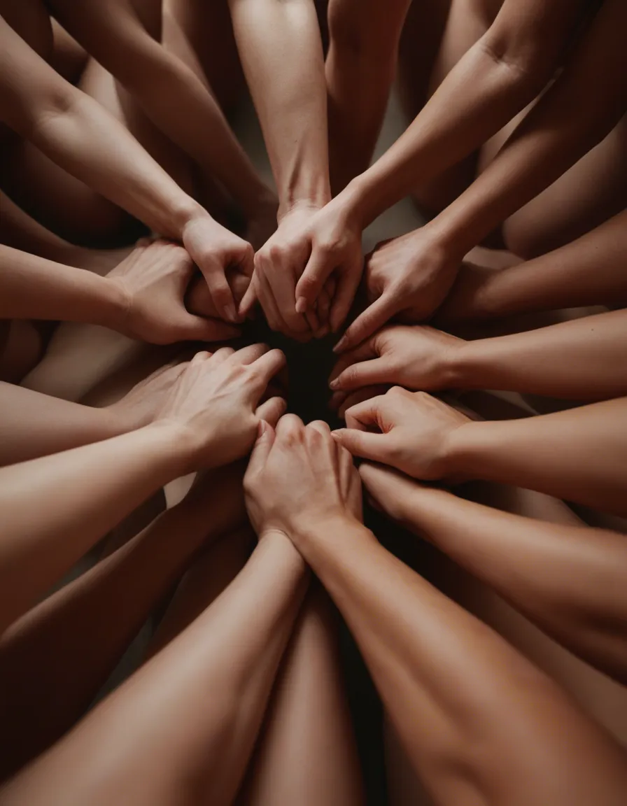RAW photo, ultra realistic, from below, 6+women, futanari, holding hands, tender moment, score_9, score_8, candid photo, realistic skin texture, visible skin pores, film grain, depth of field