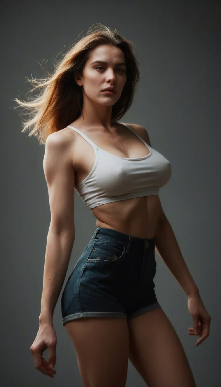 best quality, hyperrealistic, solo, shorts, bouncing breasts, warm tones, 8k uhd photo