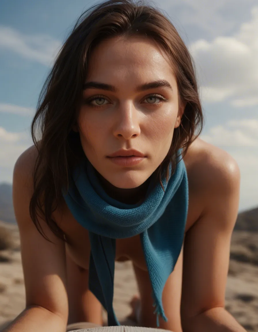 sharp focus, 8k uhd, 1other, scarf, bowtie, on all fours, sky, POV, studio photo, score_9, score_8, candid photo, realistic skin texture, visible skin pores, film grain, depth of field