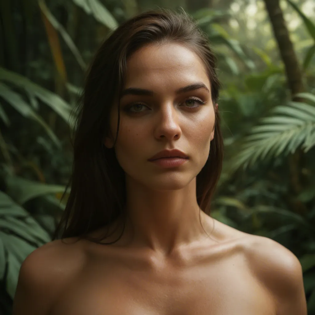 beautiful young woman scantly clad lost in a jungle, score_9, score_8, candid photo, realistic skin texture, visible skin pores, film grain, depth of field