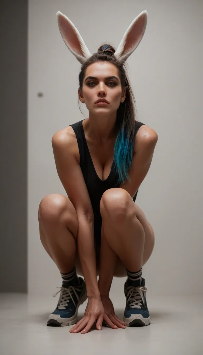 sharp focus, 8k uhd, bunny woman, multicolored hair, shoes, hair pull, hyperrealistic