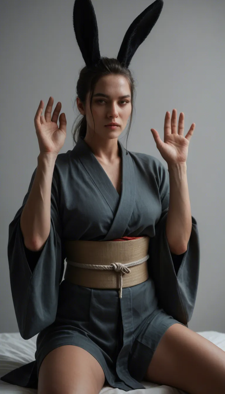 RAW photo, ultra realistic, bunny woman, hands up, japanese clothes, reverse cowgirl, grey background, three-quarter view