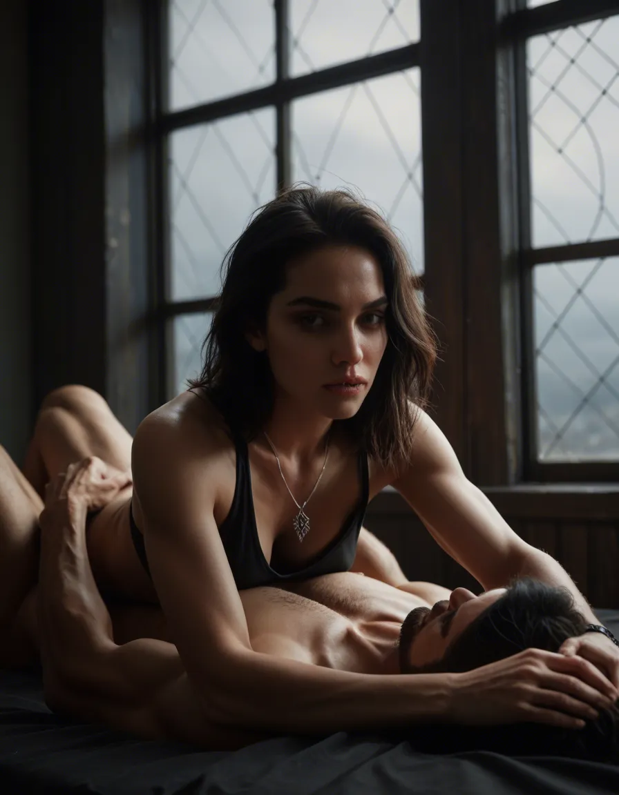 sharp focus, 8k uhd, solo female, athletic build, slut necklace, 69 position, gothic background , wide shot, window light, 8k uhd photo, score_9, score_8, candid photo, realistic skin texture, visible skin pores, film grain, depth of field