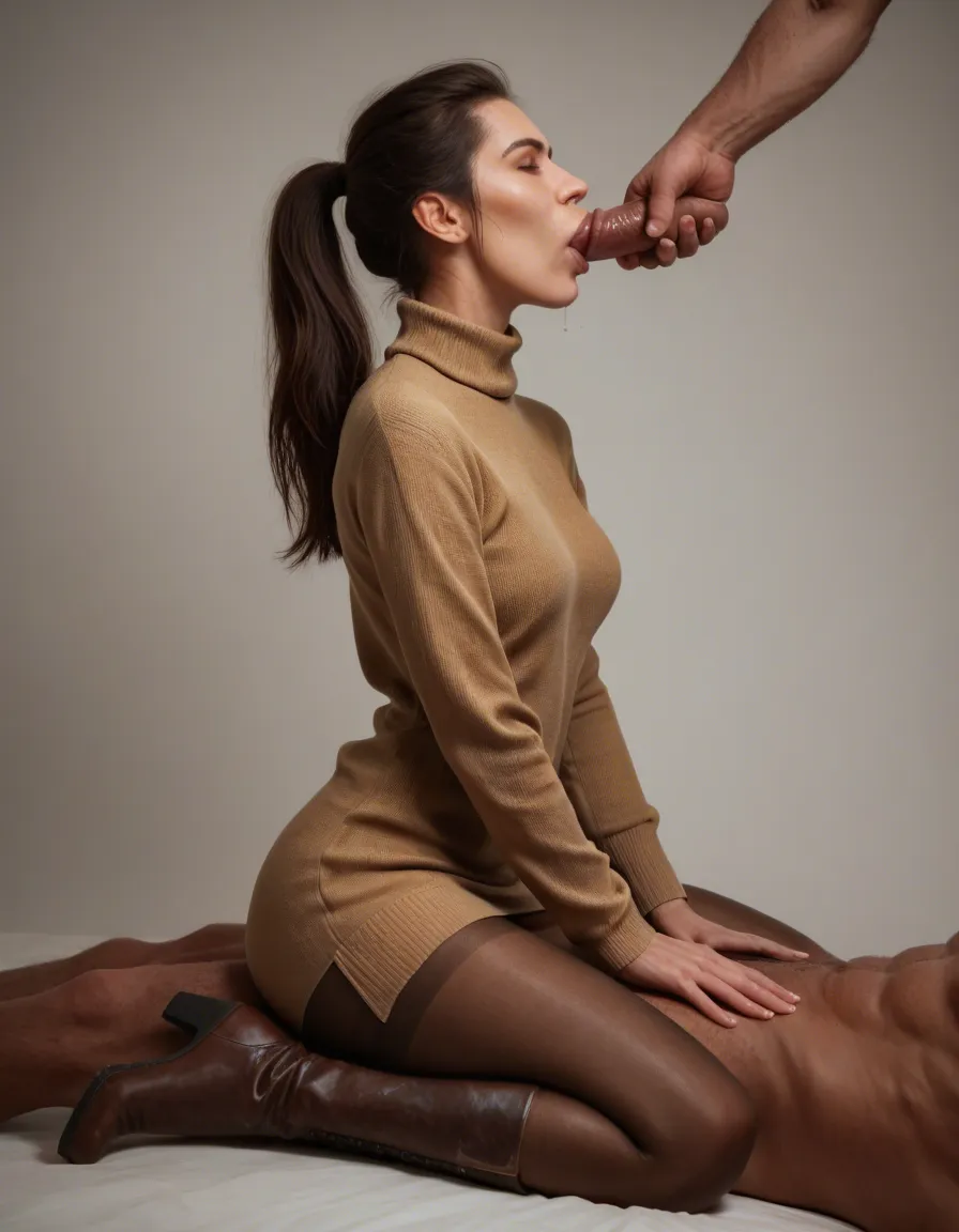 best quality, hyperrealistic, 1woman, ponytail, long sleeves sweater dress. Brown leather kneehigh boots. pantyhose, natural skin texture, brunette., on her knees,  oral, cowgirl_position,  score_9, score_8, candid photo, realistic skin texture, visible skin pores, film grain, depth of field, score_9, score_8, candid photo, realistic skin texture, visible skin pores, film grain, depth of field, score_9, score_8, candid photo, realistic skin texture, visible skin pores, film grain, depth of field