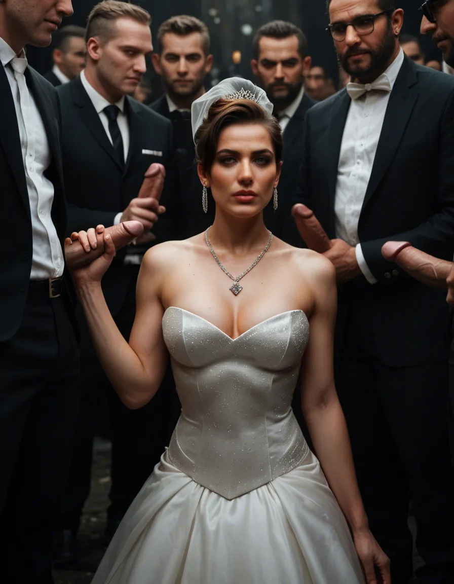 cinematic photo, 8k, wide shot, It is April's wedding day. gangbang. Sexy 23 year old brunette. Wedding dress. Pixie hair style. Diamond necklace and earrings. several men. RAW photo, score_9, score_8, candid photo, realistic skin texture, visible skin pores, film grain, depth of field, score_9, score_8, candid photo, realistic skin texture, visible skin pores, film grain, depth of field, score_9, score_8, candid photo, realistic skin texture, visible skin pores, film grain, depth of field, score_9, score_8, candid photo, realistic skin texture, visible skin pores, film grain, depth of field
