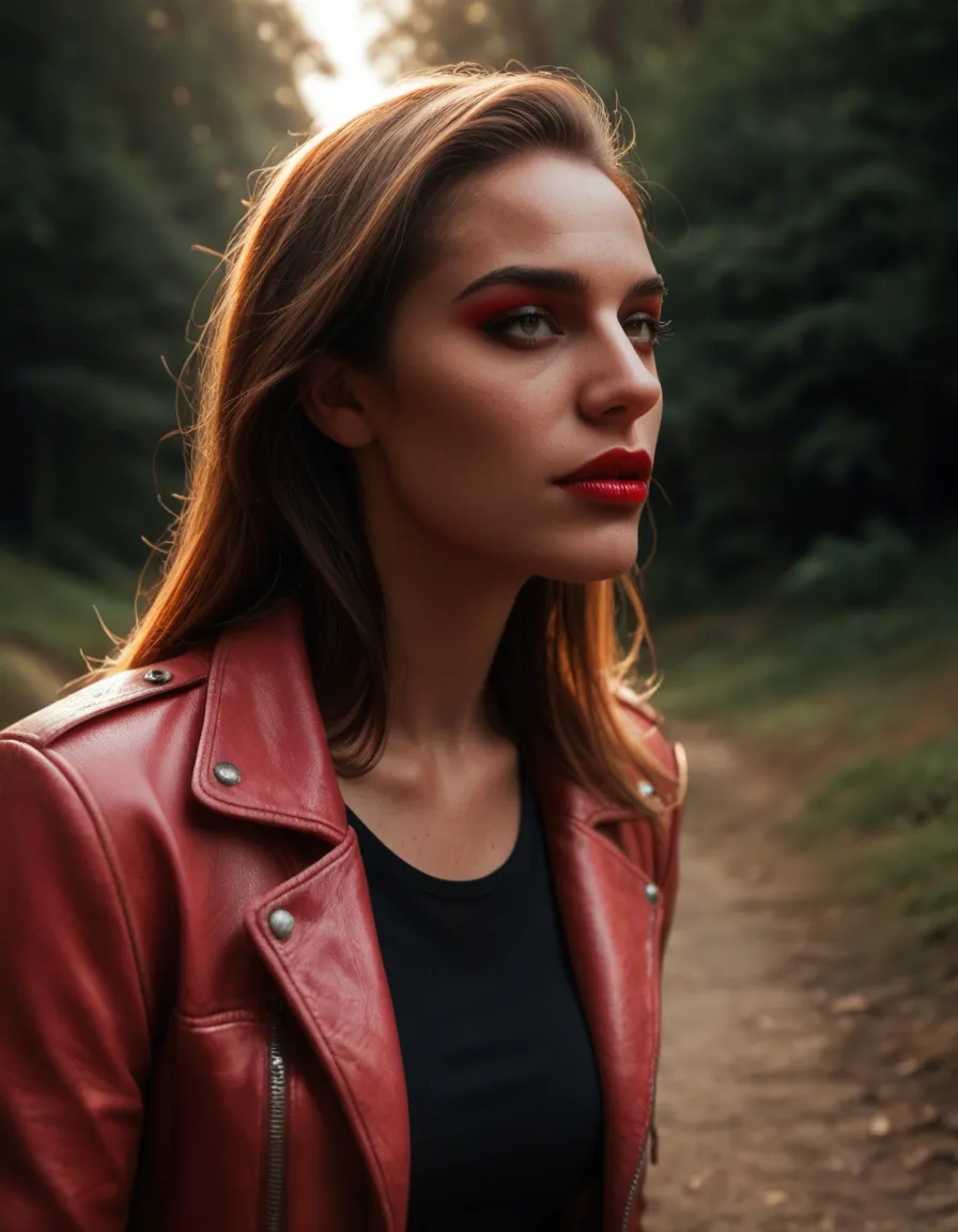 highly detailed, natural lighting, trailer park trashy woman. Hanging out with the men in the trailer park. Pink Leather jacket, outdoors, makeup. Red lipstick. natural skin texture, score_9, score_8, candid photo, realistic skin texture, visible skin pores, film grain, depth of field, score_9, score_8, candid photo, realistic skin texture, visible skin pores, film grain, depth of field, score_9, score_8, cinematic film still, anamorphic, film grain, dramatic lighting, shallow depth of field