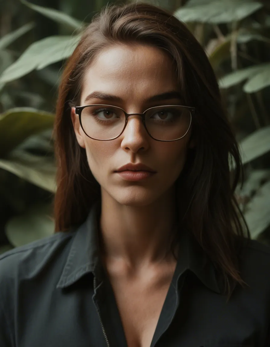 dslr, film grain, photorealistic, wide shot, 1woman, presenting, glasses, plant, mysterious vibe, cinematic realism, score_9, score_8, candid photo, realistic skin texture, visible skin pores, film grain, depth of field