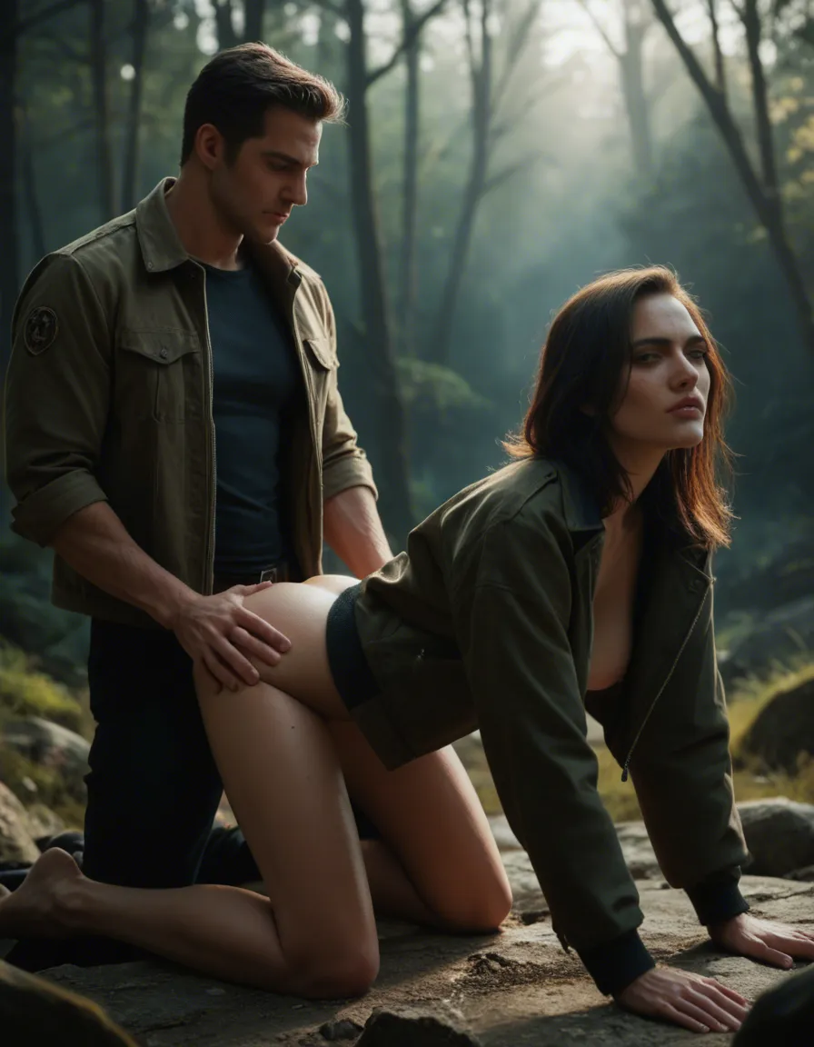 highly detailed, natural lighting, couple, bare legs, jacket, doggy style, moonlight, hyperrealistic, score_9, score_8, candid photo, realistic skin texture, visible skin pores, film grain, depth of field