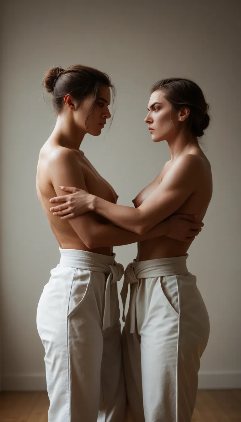 Two young women I judogis. They have nothing under their judogis. They are fighting in a judo match and their judogis get inadvertently opened showing off their bodies