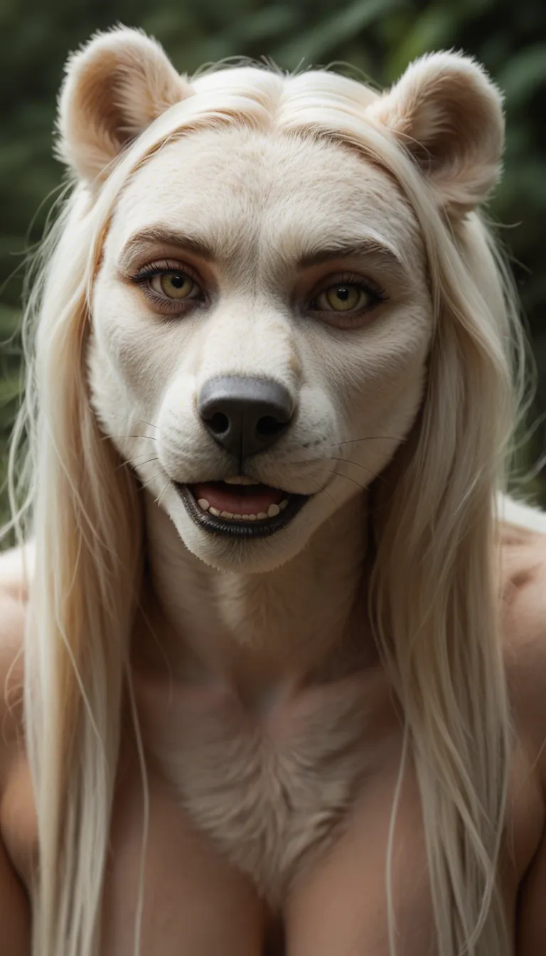 Furry polar bear. trans woman, 30 years, diagonally bangs, small boobs, big dick, femme fatal look on face, strocking her cock