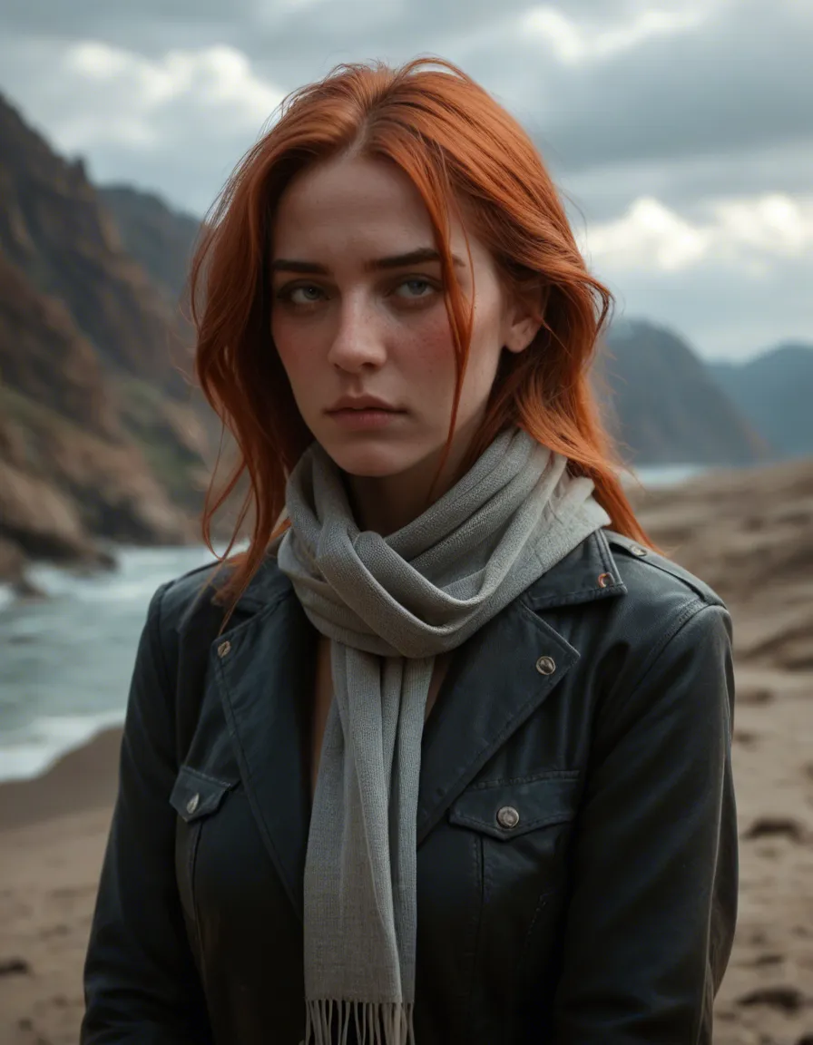 ultra HD, lifelike, redhead woman, futanari, scarf, cloud, nervous blush, studio photo, score_9, score_8, candid photo, realistic skin texture, visible skin pores, film grain, depth of field