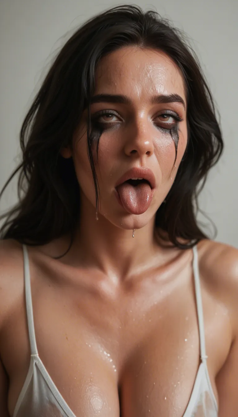 1woman, mature woman, 32 years old, long messy black hair, sweaty, flushed face, ahegao, tongue out, heavy makeup, smudged lipstick, thick thighs, huge breasts, sweaty skin, wearing a tight black nun habit ripped open, exposed breasts, wet pussy, sitting on a confessional bench, legs spread wide, fingers deep inside her pussy, looking at viewer with desperate needy eyes, tears of pleasure, "forgive me father" written on her thigh with lipstick, dark church interior, stained glass light, highly detailed, explicit, wet, shiny skin, dripping juices, nsfw, uncensored, hentai style