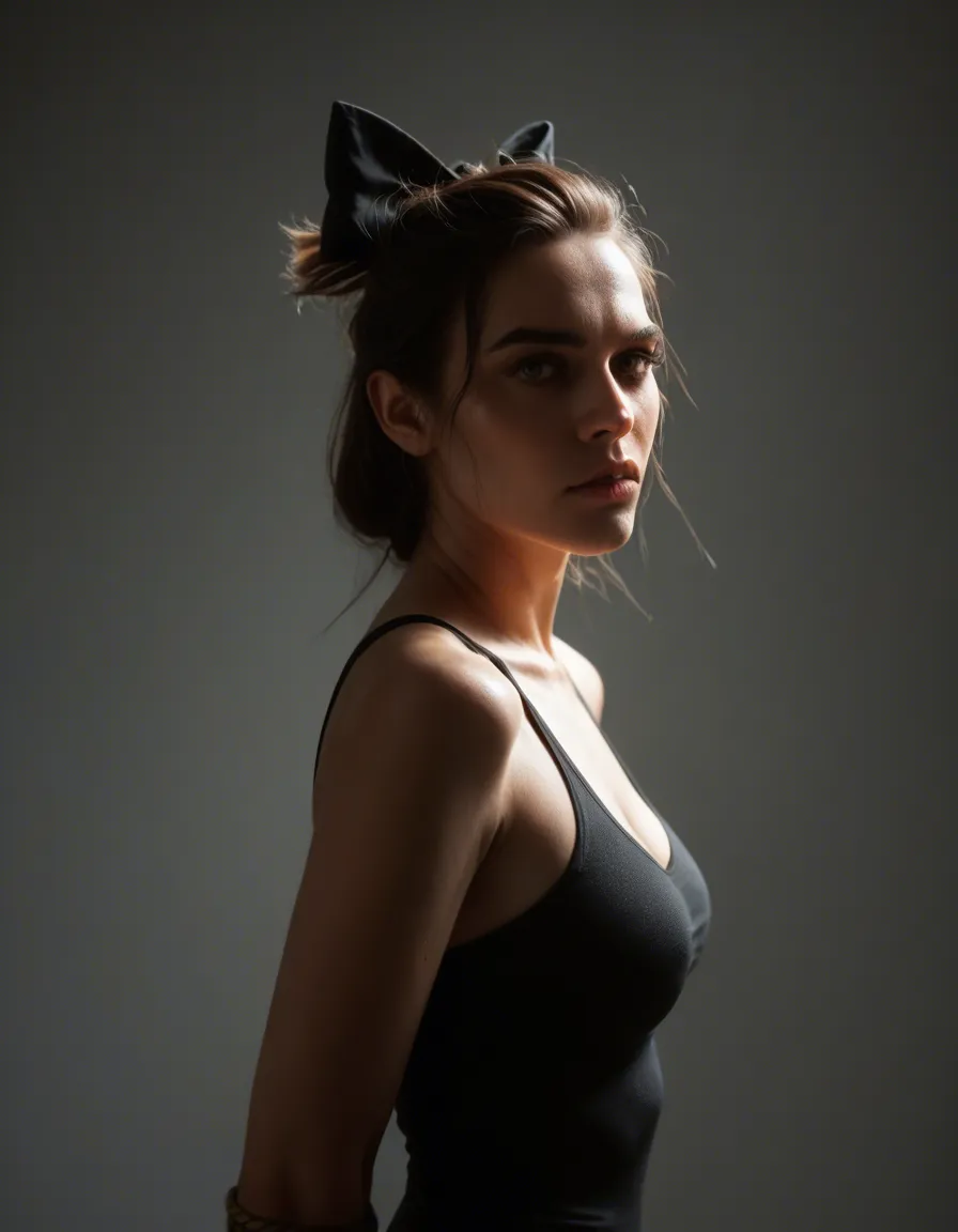 best quality, hyperrealistic, solo focus, hair bow, sleeveless, bondage, dramatic lighting, studio photo, score_9, score_8, candid photo, realistic skin texture, visible skin pores, film grain, depth of field