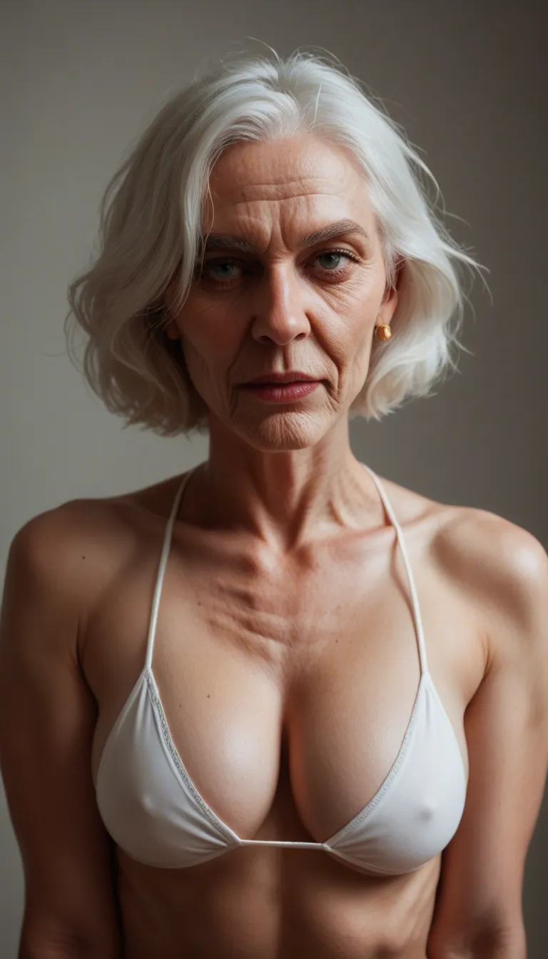 Grandma rubbing boobs short white hair, score_9, score_8, candid photo, realistic skin texture, visible skin pores, film grain, depth of field