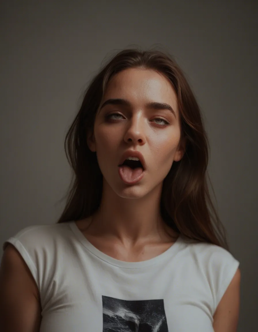 cinematic photo, 8k, solo focus, medium breasts, shirt, ahegao, lifelike render, score_9, score_8, candid photo, realistic skin texture, visible skin pores, film grain, depth of field