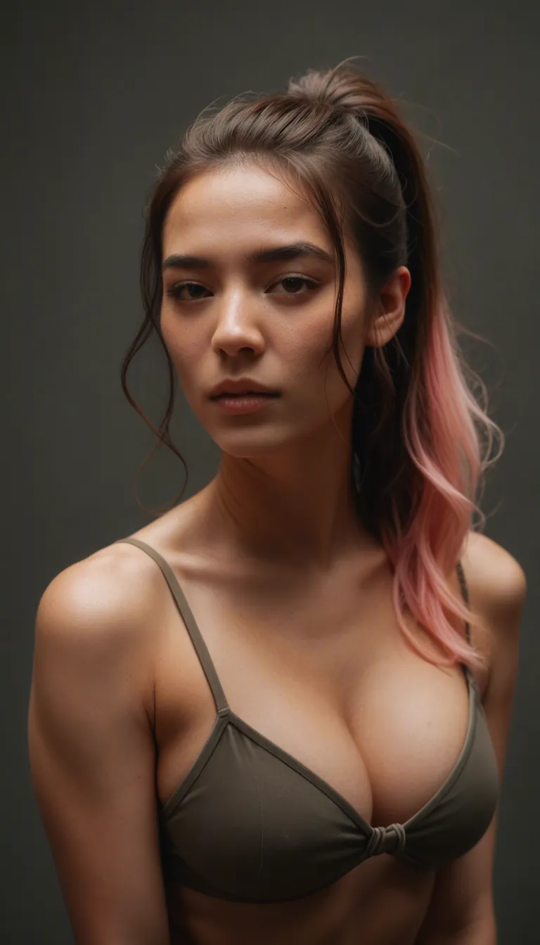 asian women with Long, wavy brunette hair with pink highlights, tied high in a ponytail, with a few strands floating around the face. large round dark brown eyes, fair skin tone, stylized facial features with a small nose and pink lips. she with a slim, athletic build and a flat, toned stomach. features an extremely voluminous, oversized, and dominating round bust. She has exceptionally gigantic breasts. she has gangbanged by three man