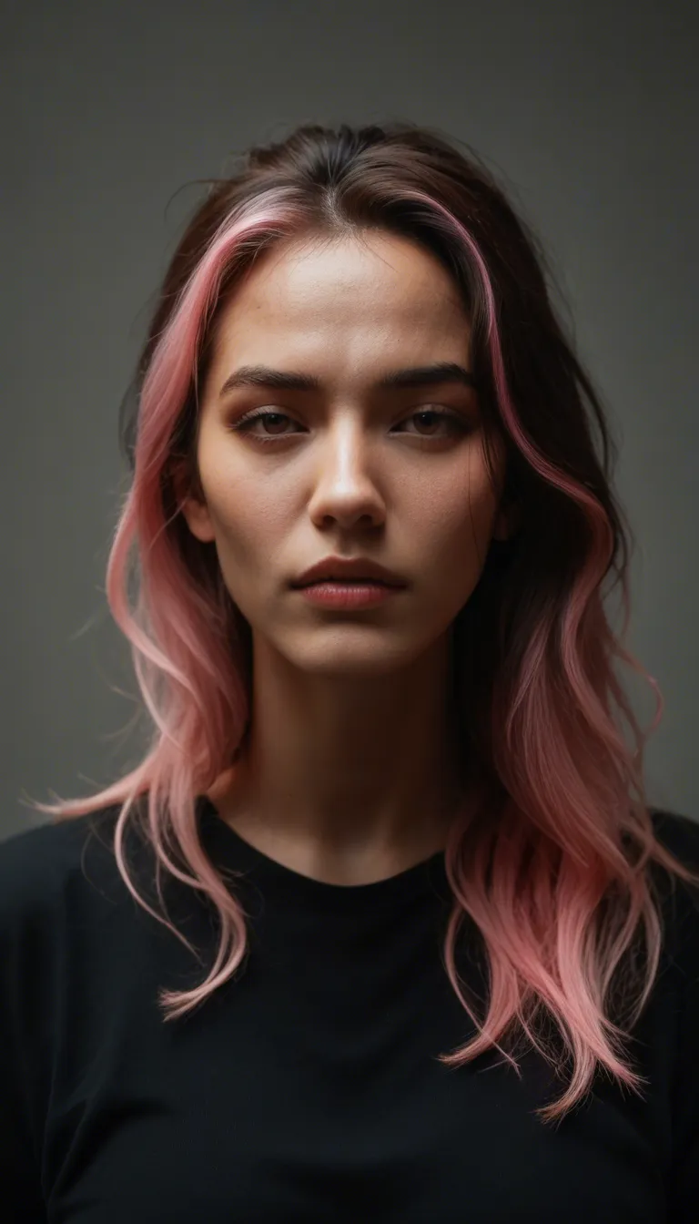 8k, sharp focus, detailed skin, asian women with Long, wavy brunette hair with pink highlights, tied high in a ponytail, with a few strands floating around the face. large round dark brown eyes, fair skin tone, stylized facial features with a small nose and pink lips. she with a slim, athletic build and a flat, toned stomach. features an extremely voluminous, oversized, and dominating round bust. She has exceptionally gigantic breasts. masturbates with a huge black jagged dildo, moving her buttocks up and down repeatedly. more semen drop from vulva, cinematic realism