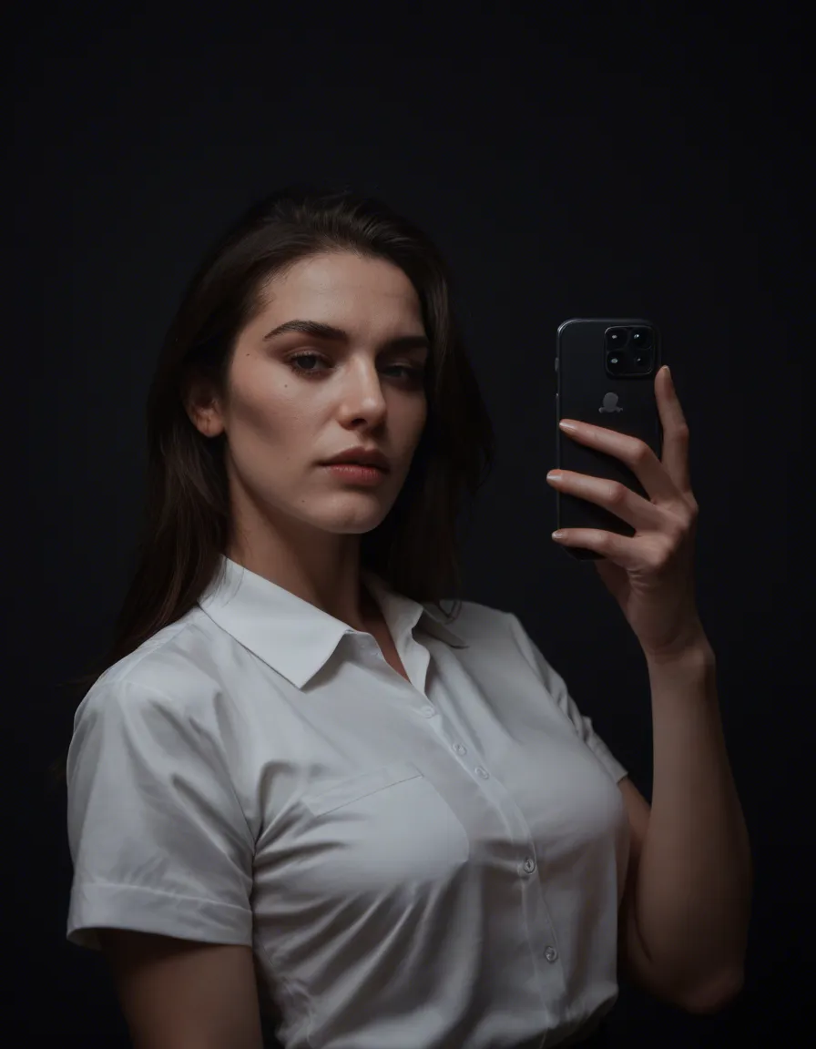 futanari, professional photo, high detail, solo female, mole, short sleeves, futanari, black background, dutch angle, hyperrealistic, score_9, score_8, amateur photo, phone snapshot, realistic skin texture, skin blemishes, soft indoor lighting
