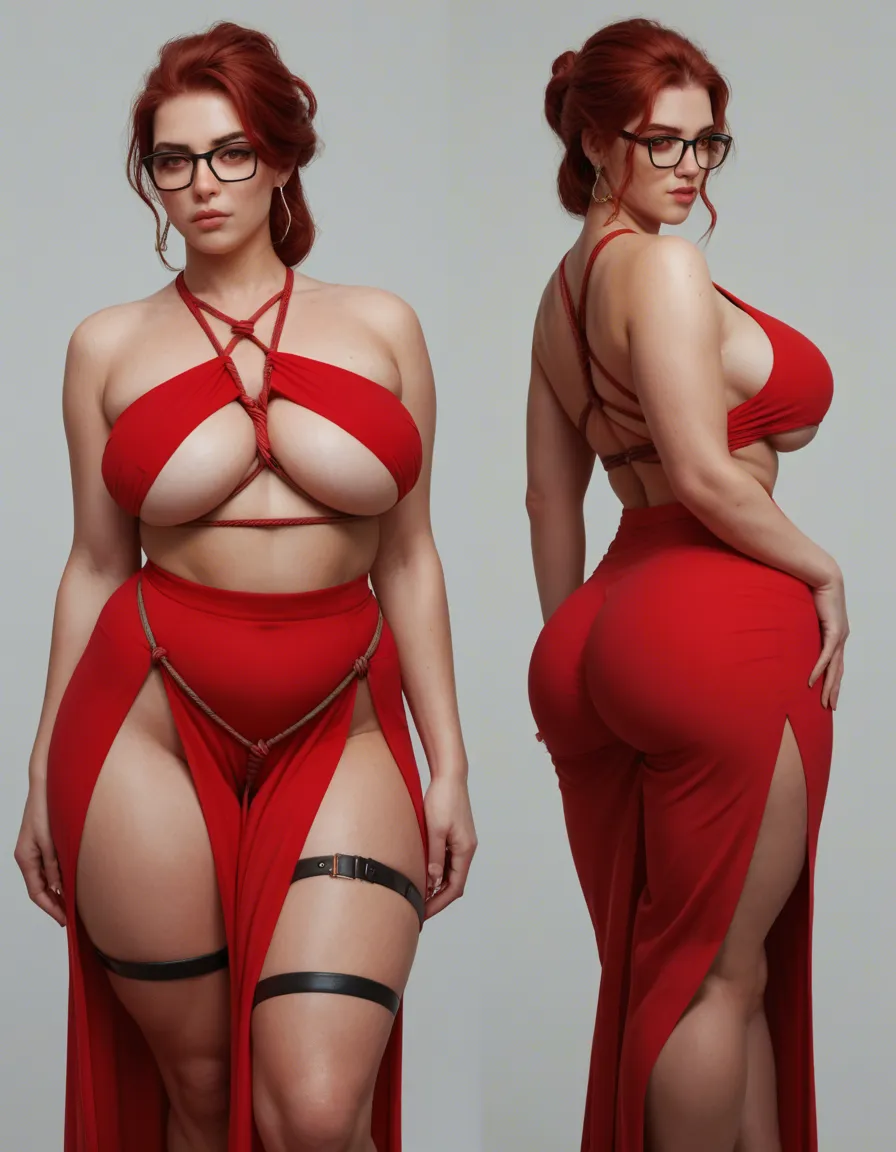ultra HD, lifelike, huge_breasts , huge_ass , plump , thick_thighs , red_hair , wide hips, curvy , fat, shibari , glasses , multiple_views, thigh_strap , underboob , red evening gown,,, score_9, score_8, cinematic film still, anamorphic, film grain, dramatic lighting, shallow depth of field, score_9, score_8, 3d render, octane render, subsurface scattering, ray tracing, smooth shading
