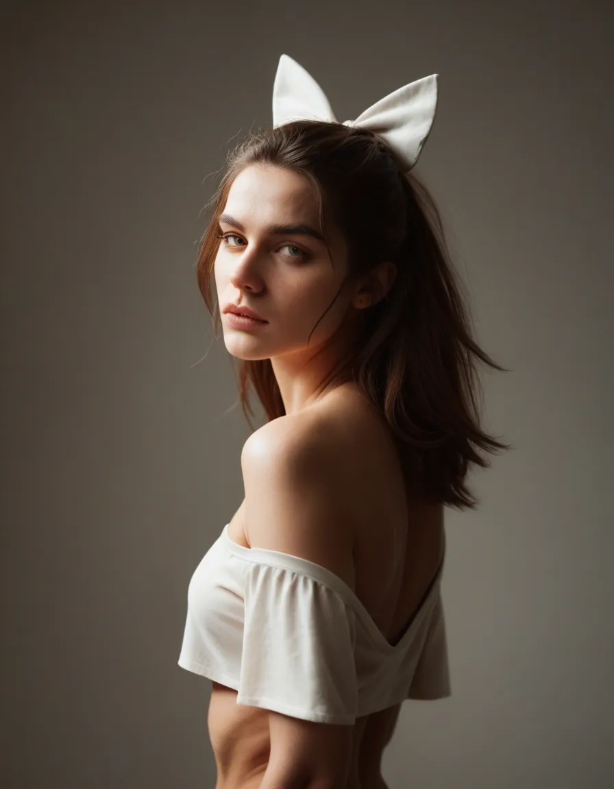 best quality, hyperrealistic, 1other, hair bow, alternate costume, bondage, backlit, studio photo, score_9, score_8, candid photo, realistic skin texture, visible skin pores, film grain, depth of field