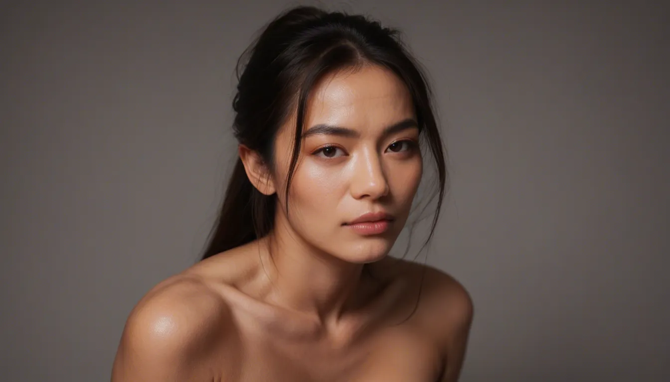 A busty Asian woman giving head to a bbc, score_9, score_8, candid photo, realistic skin texture, visible skin pores, film grain, depth of field