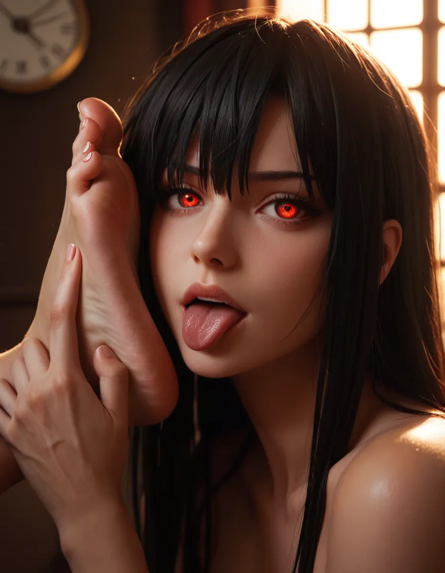 masterpiece, best quality, anime style, Tokisaki Kurumi from Date A Live, long black hair with red tips, red eyes, clock eye, wearing black stockings, feet close-up, a guy licking her feet, foot worship, detailed feet, soft lighting, high detail, 8k, score_9, score_8, candid photo, realistic skin texture, visible skin pores, film grain, depth of field