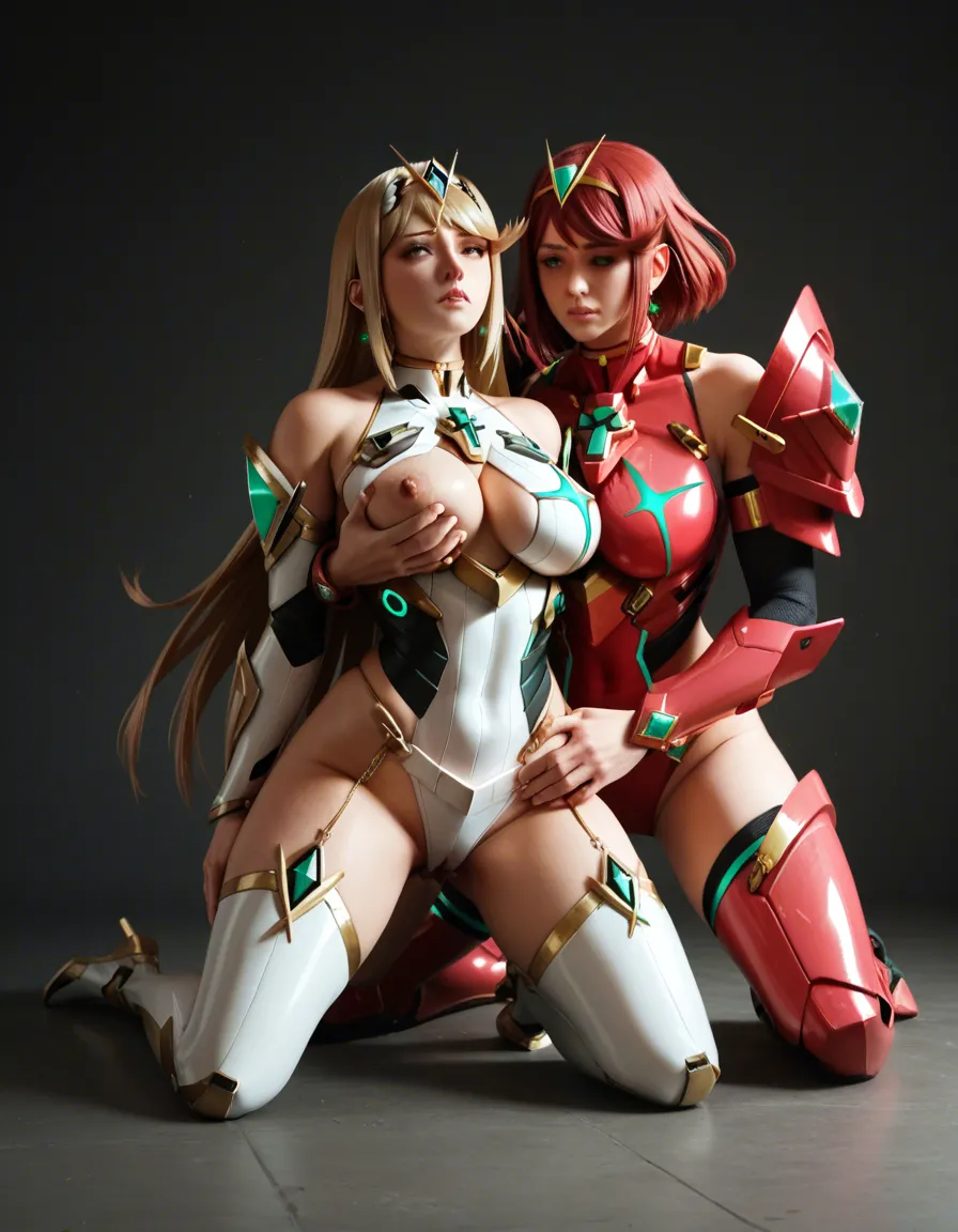2girls, kneeling, pyra \(xenoblade\) wearing red armor, mythra \(xenoblade\) wearing white armor, original outfit, offical outfit, thighboots, sex from behind, groping, one breast out, hand on another's crotch, breasts on another's back, breast press, french kiss, saliva swap, romantic, beach, sunset, natural light,, score_9, score_8, 3d render, octane render, subsurface scattering, ray tracing, smooth shading